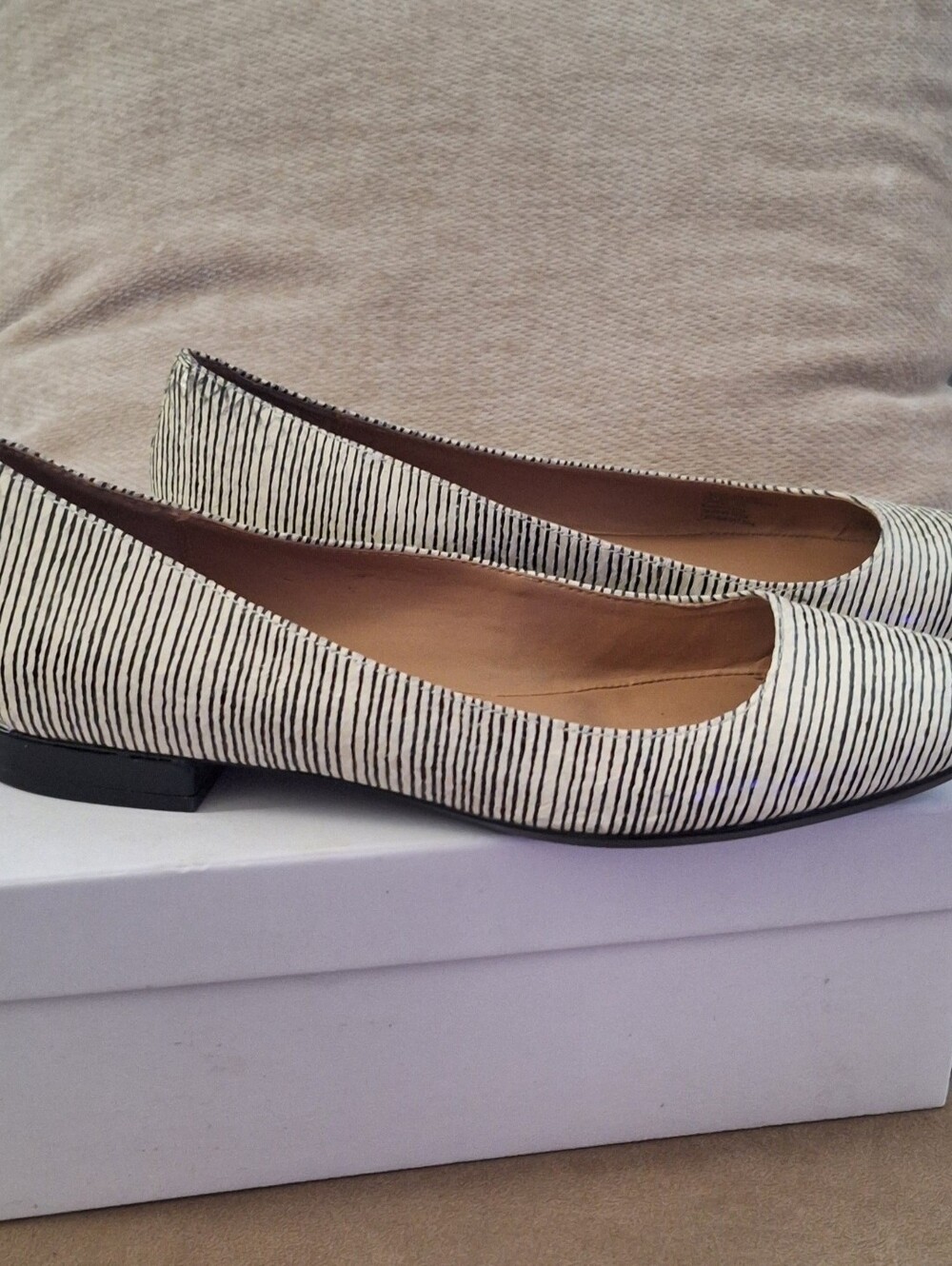 Calvin Klein Black and White Striped Pointed-Toe Ballet Flats